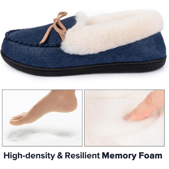 Women's Glittered Faux Fur Lining Wrap Rubber Sole Navy Blue Slipper Bootie - Picture 4 of 6